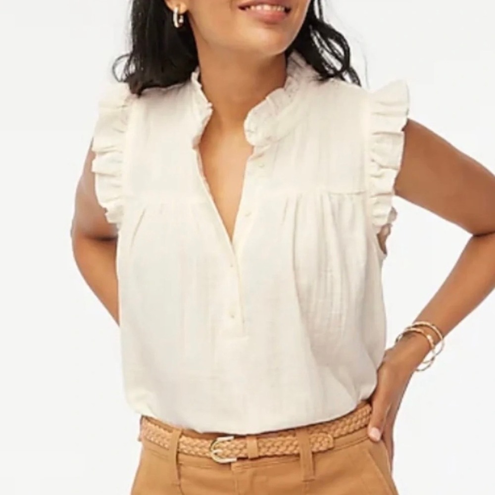 NWT J. Crew Ivory Gauze Smocked Ruffle Neck Tank Top Blouse Small